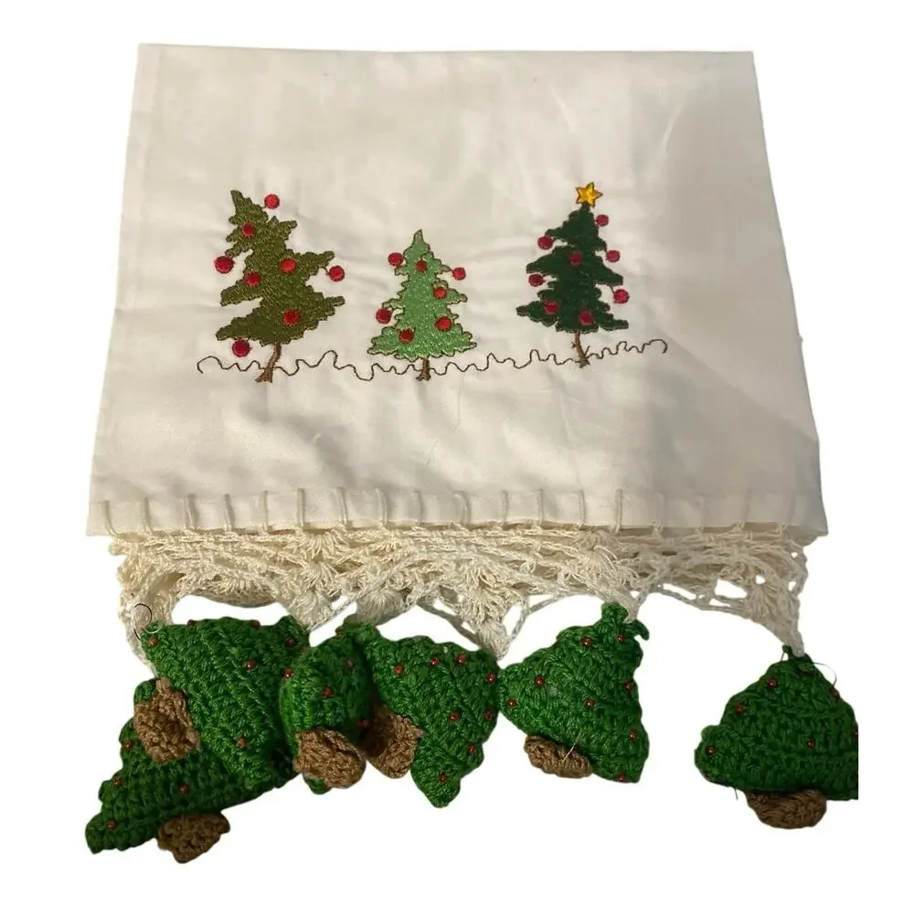 Handmade Cotton Kitchen Towel w/ Embroidered Christmas Trees & Crocheted Fringe